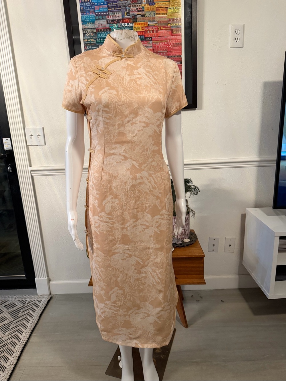 Classic Mandarin Collar Midi Dress in Peach